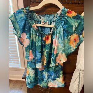 Show Me Your MuMu Blue and Orange Smocked Cap Sleeve Blouse